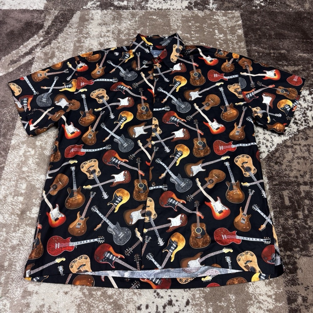 High Seas Trading Co. Mens 2X Guitar Print All Over Hawaiian Shirt Black‎ USA